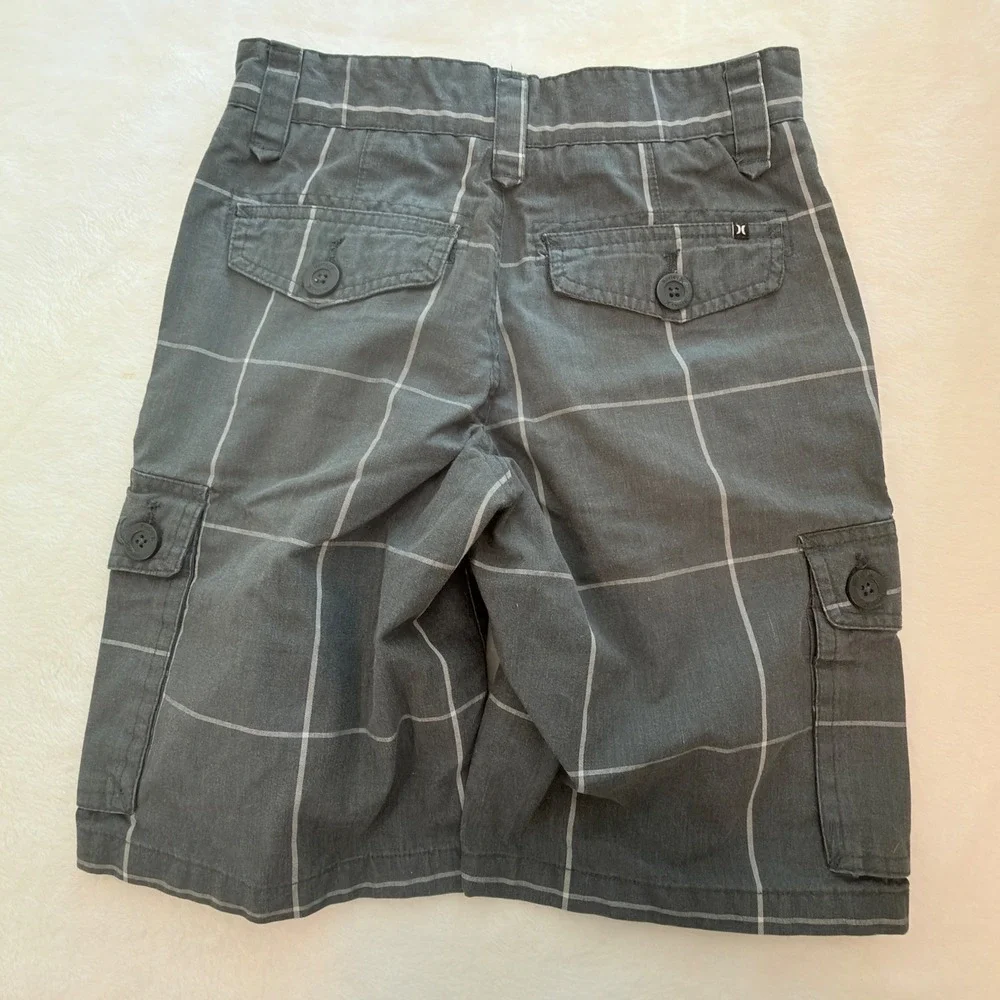 Hurley Cargo Shorts Boys Size 8 Grey Excellent Windowpane Plaid Skater 1272-G36